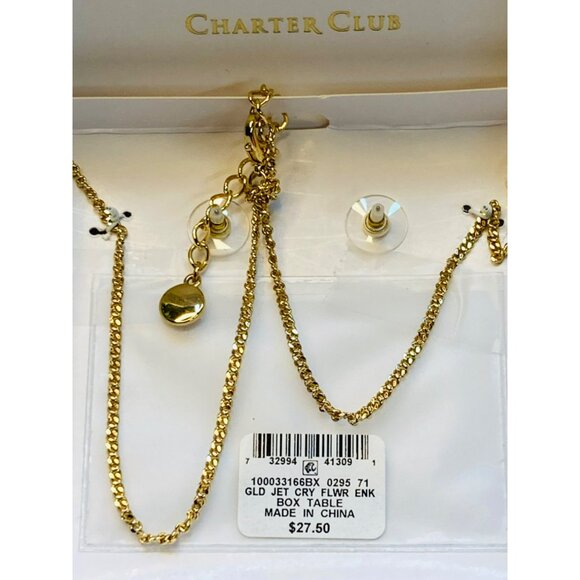 Charter Club Gold-Tone Necklace & Earrings Set Black Flower Pendant -170 - Picture 3 of 3
